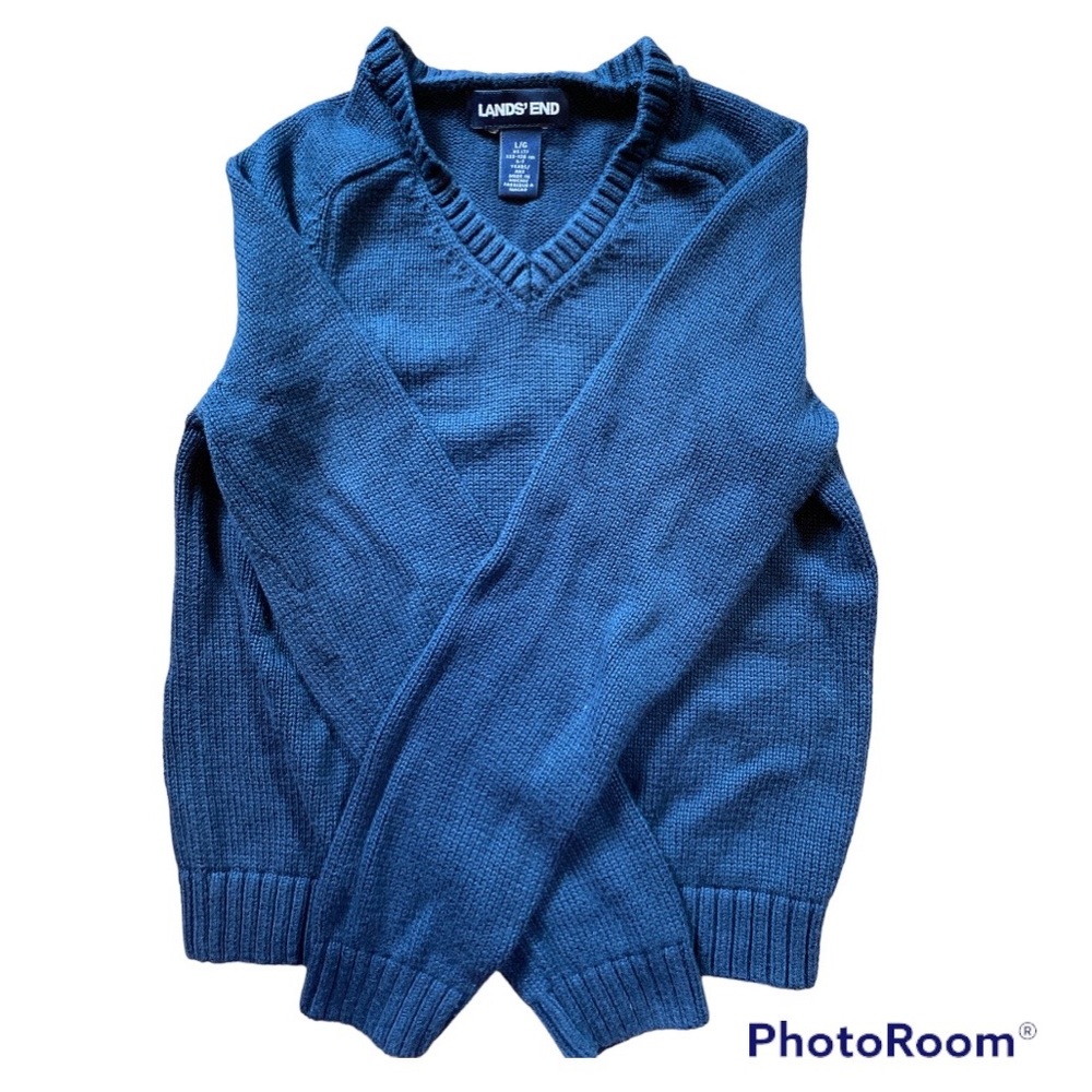 Lands’ End Little Kids Navy Cotton Modal V-Neck Sweater size L (7) 6-7 yr old